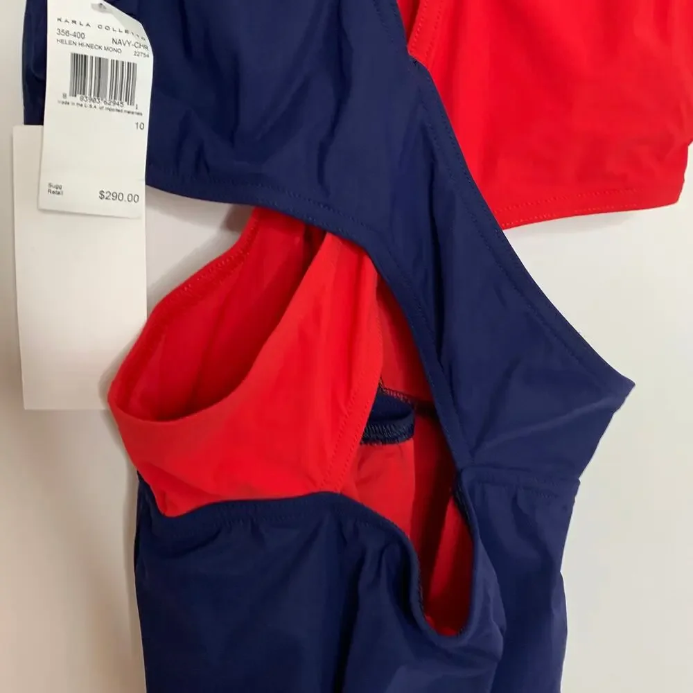 Karla Colletto Helen High-neck Mono Red Navy One Piece Swimsuit New  Size 10